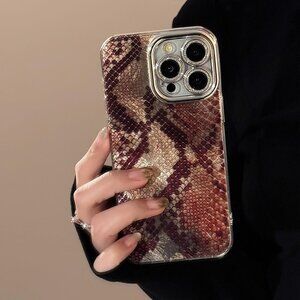 iPhone 16 Pro Max Case – Matte Snake Print + Bling Lens Protector (6.9”) | Brown